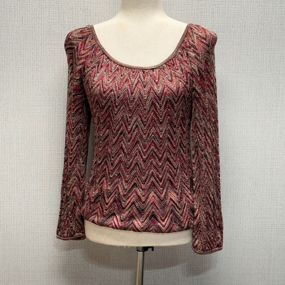 Nanette Lepore Knit Top Women M Burgundy Gold Black Metallic Chevron Scoop Neck
